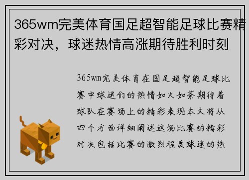 365wm完美体育国足超智能足球比赛精彩对决，球迷热情高涨期待胜利时刻