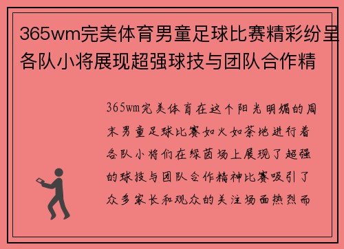 365wm完美体育男童足球比赛精彩纷呈各队小将展现超强球技与团队合作精神
