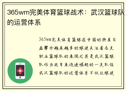 365wm完美体育篮球战术：武汉篮球队的运营体系