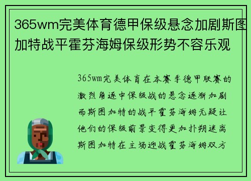 365wm完美体育德甲保级悬念加剧斯图加特战平霍芬海姆保级形势不容乐观